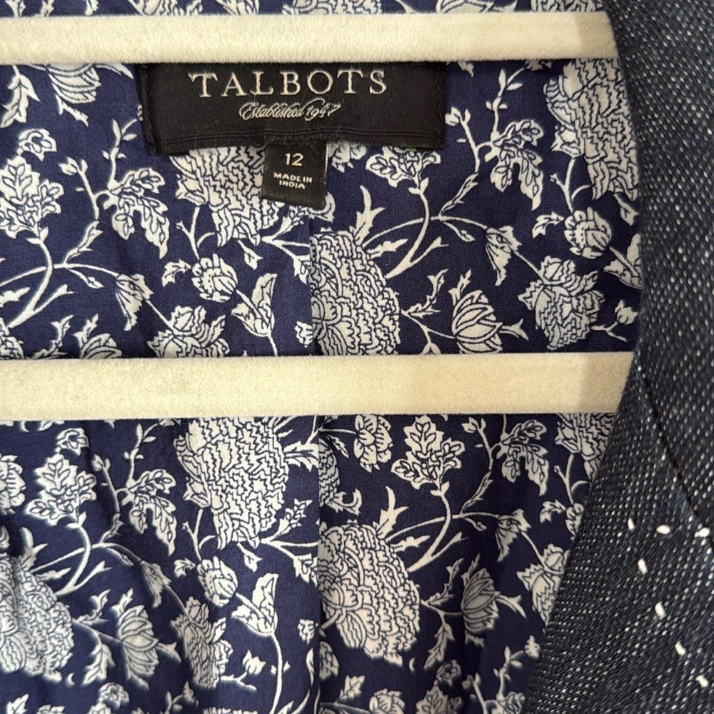 Talbots Dark Wash Denim Blazer Jacket Blue/White Stitching Floral Lining - 12 - Picture 7 of 8